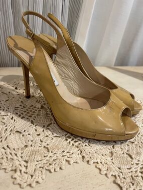 Jimmy Choo Nude Patent Leather Slingback Heels Size 38.5 Peep Toe